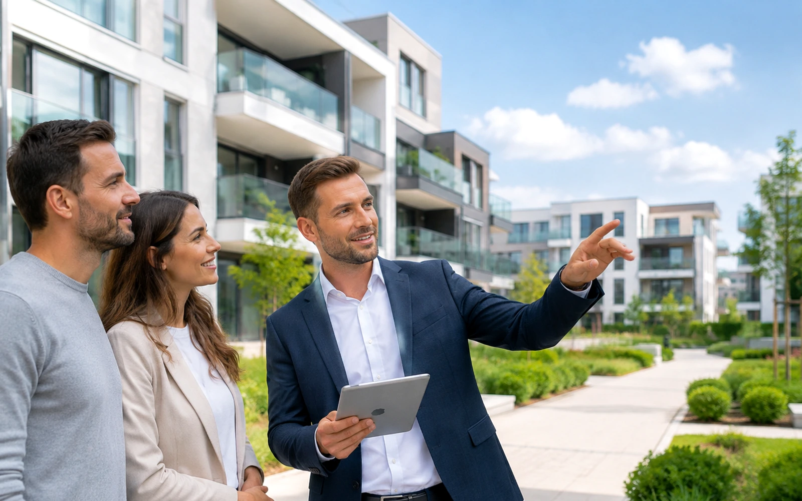 Symbolische Immobilienbesichtigung mit natürlichen Gesprächspartnern.